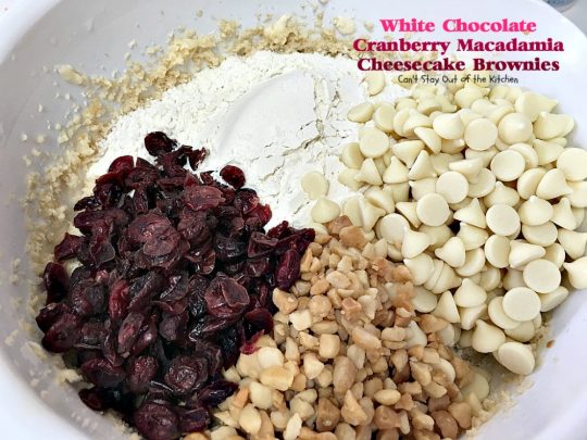 White Chocolate Cranberry Macadamia Cheesecake Brownies | Can't Stay Out of the Kitchen |we love these spectacular #brownies. They have a delectable #cheesecake layer in the middle & they're perfect for #tailgating parties. #chocolate #dessert #cranberries 