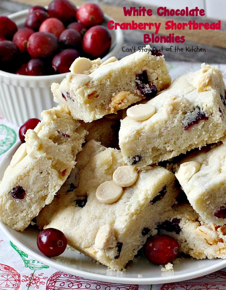 White Chocolate Cranberry Shortbread Blondies | Can't Stay Out of the Kitchen | we give out #Christmas #cookies every year and these were one of the favorites. Exceptionally good & easy to make. #dessert #chocolate #craisins