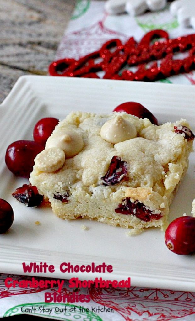 White Chocolate Cranberry Shortbread Blondies | Can't Stay Out of the Kitchen | we give out #Christmas #cookies every year and these were one of the favorites. Exceptionally good & easy to make. #dessert #chocolate #craisins