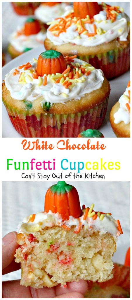 White Chocolate Funfetti Cupcakes | Can't Stay Out of the Kitchen | these fabulous #funfetti #cupcakes are filled with #whitechocolatechips and are so quick and easy to make. They're great for any #holiday party. #chocolate #dessert