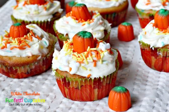 White Chocolate Funfetti Cupcakes | Can't Stay Out of the Kitchen | these fabulous #funfetti #cupcakes are filled with #whitechocolatechips and are so quick and easy to make. They're great for any #holiday party. #chocolate #dessert
