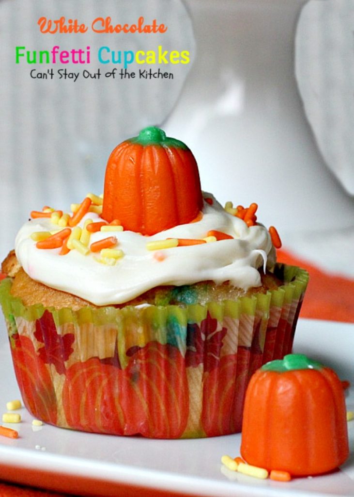 White Chocolate Funfetti Cupcakes | Can't Stay Out of the Kitchen | these fabulous #funfetti #cupcakes are filled with #whitechocolatechips and are so quick and easy to make. They're great for any #holiday party. #chocolate #dessert