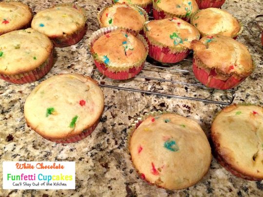 White Chocolate Funfetti Cupcakes | Can't Stay Out of the Kitchen | these fabulous #funfetti #cupcakes are filled with #whitechocolatechips and are so quick and easy to make. They're great for any #holiday party. #chocolate #dessert