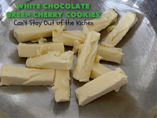 White Chocolate Green Cherry Cookies | Can't Stay Out of the Kitchen | these fantastic #cookies are perfect for #holiday parties & #ChristmasBaking. They include #WhiteChocolateChips & candied #GreenCherries. So festive, beautiful & delicious that everyone will want more than one. Prepare to swoon as this #dessert is addictive! #HolidayDessert #ChristmasCookieExchange #ParadiseFruitComppany #WhiteChocolateGreenCherryCookies