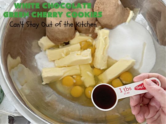 White Chocolate Green Cherry Cookies | Can't Stay Out of the Kitchen | these fantastic #cookies are perfect for #holiday parties & #ChristmasBaking. They include #WhiteChocolateChips & candied #GreenCherries. So festive, beautiful & delicious that everyone will want more than one. Prepare to swoon as this #dessert is addictive! #HolidayDessert #ChristmasCookieExchange #ParadiseFruitComppany #WhiteChocolateGreenCherryCookies