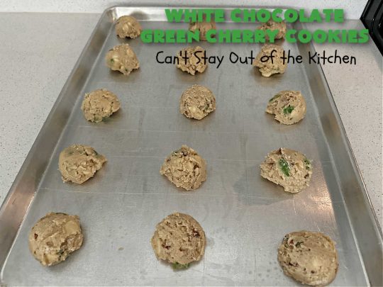 White Chocolate Green Cherry Cookies | Can't Stay Out of the Kitchen | these fantastic #cookies are perfect for #holiday parties & #ChristmasBaking. They include #WhiteChocolateChips & candied #GreenCherries. So festive, beautiful & delicious that everyone will want more than one. Prepare to swoon as this #dessert is addictive! #HolidayDessert #ChristmasCookieExchange #ParadiseFruitComppany #WhiteChocolateGreenCherryCookies