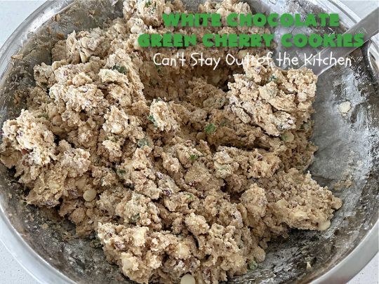 White Chocolate Green Cherry Cookies | Can't Stay Out of the Kitchen | these fantastic #cookies are perfect for #holiday parties & #ChristmasBaking. They include #WhiteChocolateChips & candied #GreenCherries. So festive, beautiful & delicious that everyone will want more than one. Prepare to swoon as this #dessert is addictive! #HolidayDessert #ChristmasCookieExchange #ParadiseFruitComppany #WhiteChocolateGreenCherryCookies