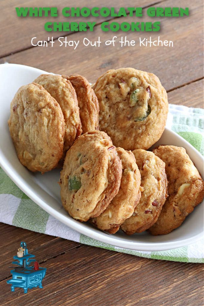 White Chocolate Green Cherry Cookies | Can't Stay Out of the Kitchen | these fantastic #cookies are perfect for #holiday parties & #ChristmasBaking. They include #WhiteChocolateChips & candied #GreenCherries. So festive, beautiful & delicious that everyone will want more than one. Prepare to swoon as this #dessert is addictive! #HolidayDessert #ChristmasCookieExchange #ParadiseFruitComppany #WhiteChocolateGreenCherryCookies