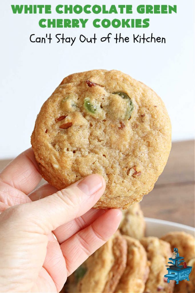 White Chocolate Green Cherry Cookies | Can't Stay Out of the Kitchen | these fantastic #cookies are perfect for #holiday parties & #ChristmasBaking. They include #WhiteChocolateChips & candied #GreenCherries. So festive, beautiful & delicious that everyone will want more than one. Prepare to swoon as this #dessert is addictive! #HolidayDessert #ChristmasCookieExchange #ParadiseFruitComppany #WhiteChocolateGreenCherryCookies