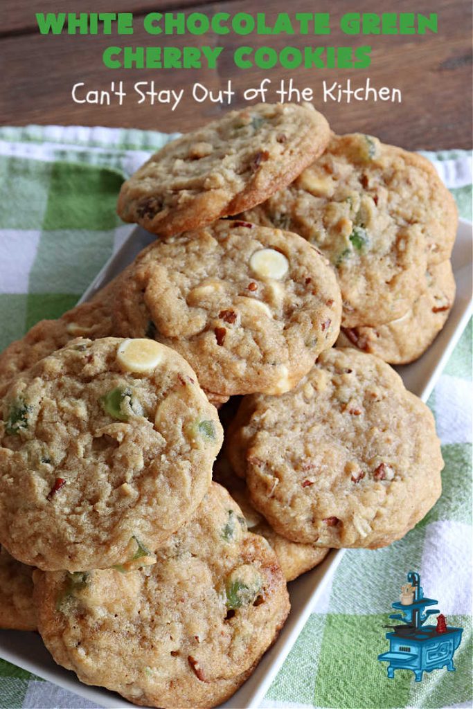 White Chocolate Green Cherry Cookies | Can't Stay Out of the Kitchen | these fantastic #cookies are perfect for #holiday parties & #ChristmasBaking. They include #WhiteChocolateChips & candied #GreenCherries. So festive, beautiful & delicious that everyone will want more than one. Prepare to swoon as this #dessert is addictive! #HolidayDessert #ChristmasCookieExchange #ParadiseFruitComppany #WhiteChocolateGreenCherryCookies