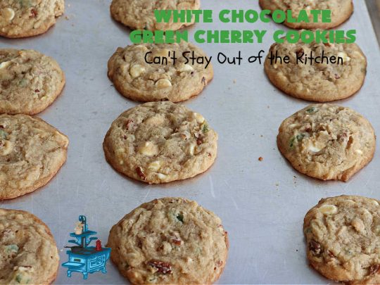 White Chocolate Green Cherry Cookies | Can't Stay Out of the Kitchen | these fantastic #cookies are perfect for #holiday parties & #ChristmasBaking. They include #WhiteChocolateChips & candied #GreenCherries. So festive, beautiful & delicious that everyone will want more than one. Prepare to swoon as this #dessert is addictive! #HolidayDessert #ChristmasCookieExchange #ParadiseFruitComppany #WhiteChocolateGreenCherryCookies
