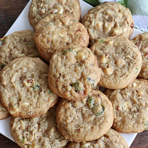 White Chocolate Green Cherry Cookies | Can't Stay Out of the Kitchen | these fantastic #cookies are perfect for #holiday parties & #ChristmasBaking. They include #WhiteChocolateChips & candied #GreenCherries. So festive, beautiful & delicious that everyone will want more than one. Prepare to swoon as this #dessert is addictive! #HolidayDessert #ChristmasCookieExchange #ParadiseFruitComppany #WhiteChocolateGreenCherryCookies