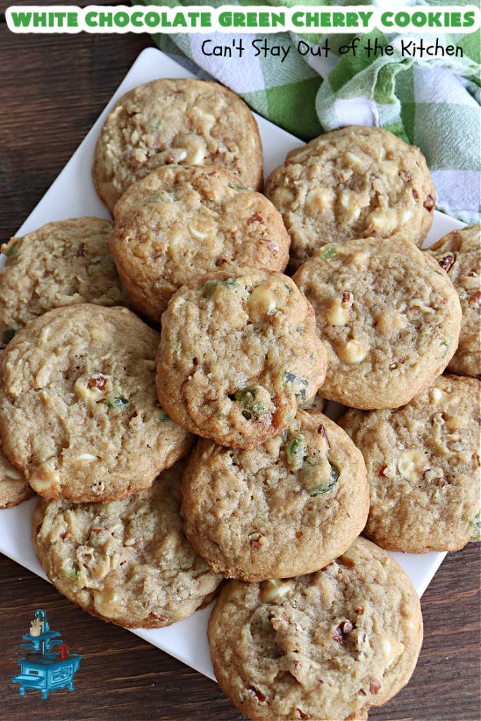 White Chocolate Green Cherry Cookies | Can't Stay Out of the Kitchen | these fantastic #cookies are perfect for #holiday parties & #ChristmasBaking. They include #WhiteChocolateChips & candied #GreenCherries. So festive, beautiful & delicious that everyone will want more than one. Prepare to swoon as this #dessert is addictive! #HolidayDessert #ChristmasCookieExchange #ParadiseFruitComppany #WhiteChocolateGreenCherryCookies