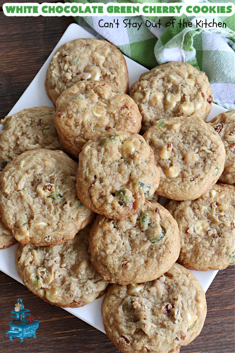 White Chocolate Green Cherry Cookies | Can't Stay Out of the Kitchen | these fantastic #cookies are perfect for #holiday parties & #ChristmasBaking. They include #WhiteChocolateChips & candied #GreenCherries. So festive, beautiful & delicious that everyone will want more than one. Prepare to swoon as this #dessert is addictive! #HolidayDessert #ChristmasCookieExchange #ParadiseFruitComppany #WhiteChocolateGreenCherryCookies