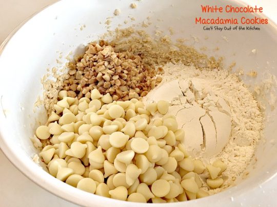 White Chocolate Macadamia Cookies | Can't Stay Out of the Kitchen | one of our favorite #desserts. These #cookies are divine! White #chocolate chips & #macadamianuts make them rich and decadent.