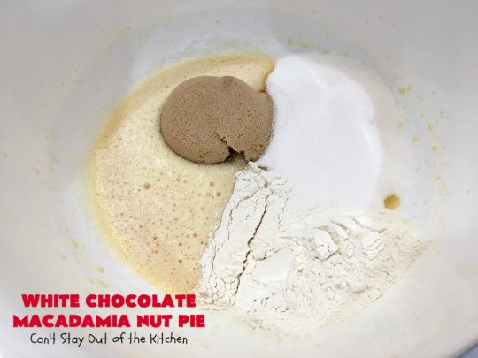 White Chocolate Macadamia Nut Pie | Can't Stay Out of the Kitchen | this rich, decadent, heavenly #pie will have you drooling from the first bite! It's a fantastic #dessert for the #holidays. It's filled with #MacadamiaNuts & #WhiteChocolateChips. Spectacular doesn't even begin to adequately describe this amazing #ChocolatePie. #WhiteChocolateMacadamiaNutPie #HolidayDessert