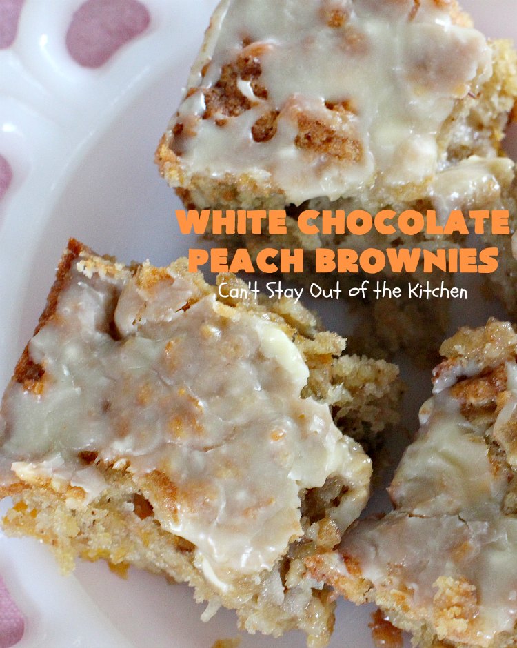 White Chocolate Peach Brownies | Can't Stay Out of the Kitchen | these fantastic #brownies are ooey, gooey decadent & divine! They're filled with #coconut, #walnuts, #peaches & white #chocolatechips. Then they're drizzled with white #chocolate icing. This #dessert is fantastic during the #summer when peaches are in season.