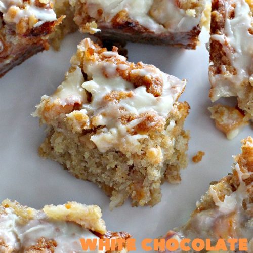 White Chocolate Peach Brownies | Can't Stay Out of the Kitchen | these fantastic #brownies are ooey, gooey decadent & divine! They're filled with #coconut, #walnuts, #peaches & white #chocolatechips. Then they're drizzled with white #chocolate icing. This #dessert is fantastic during the #summer when peaches are in season.