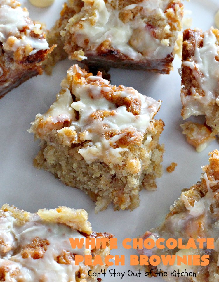 White Chocolate Peach Brownies | Can't Stay Out of the Kitchen | these fantastic #brownies are ooey, gooey decadent & divine! They're filled with #coconut, #walnuts, #peaches & white #chocolatechips. Then they're drizzled with white #chocolate icing. This #dessert is fantastic during the #summer when peaches are in season.
