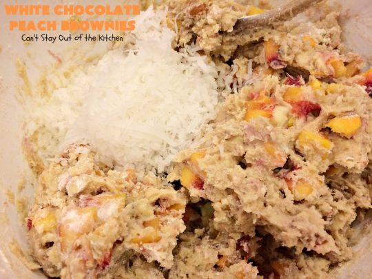 White Chocolate Peach Brownies | Can't Stay Out of the Kitchen | these fantastic #brownies are ooey, gooey decadent & divine! They're filled with #coconut, #walnuts, #peaches & white #chocolatechips. Then they're drizzled with white #chocolate icing. This #dessert is fantastic during the #summer when peaches are in season.