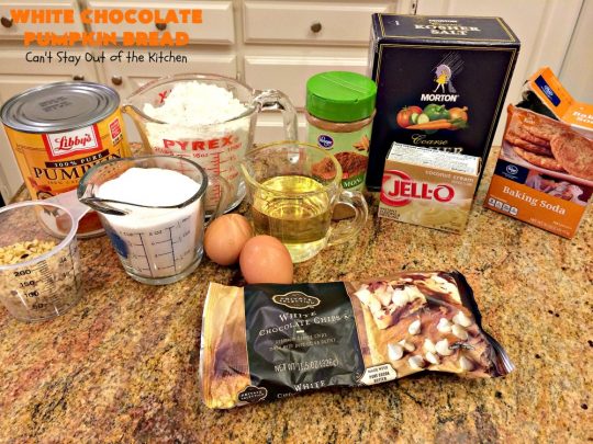 White Chocolate Pumpkin Bread | Can't Stay Out of the Kitchen | this delicious #pumpkin #bread is filled with white #chocolate chips & iced with white chocolate icing. It's perfect for #fall #baking, or #Thanksgiving or #Christmas #breakfast.
