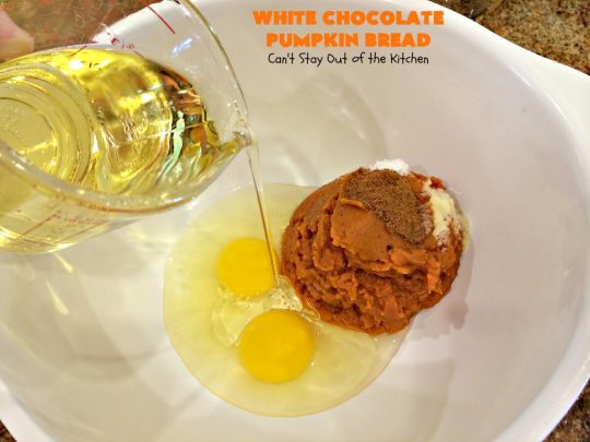 White Chocolate Pumpkin Bread | Can't Stay Out of the Kitchen | this delicious #pumpkin #bread is filled with white #chocolate chips & iced with white chocolate icing. It's perfect for #fall #baking, or #Thanksgiving or #Christmas #breakfast.