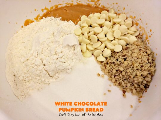 White Chocolate Pumpkin Bread | Can't Stay Out of the Kitchen | this delicious #pumpkin #bread is filled with white #chocolate chips & iced with white chocolate icing. It's perfect for #fall #baking, or #Thanksgiving or #Christmas #breakfast.
