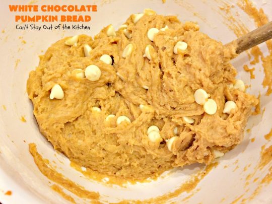 White Chocolate Pumpkin Bread | Can't Stay Out of the Kitchen | this delicious #pumpkin #bread is filled with white #chocolate chips & iced with white chocolate icing. It's perfect for #fall #baking, or #Thanksgiving or #Christmas #breakfast.
