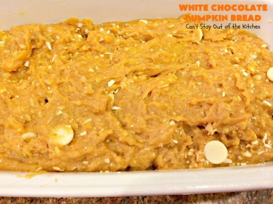 White Chocolate Pumpkin Bread | Can't Stay Out of the Kitchen | this delicious #pumpkin #bread is filled with white #chocolate chips & iced with white chocolate icing. It's perfect for #fall #baking, or #Thanksgiving or #Christmas #breakfast.