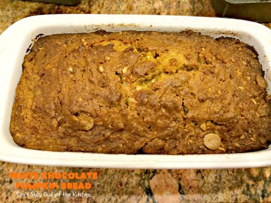 White Chocolate Pumpkin Bread | Can't Stay Out of the Kitchen | this delicious #pumpkin #bread is filled with white #chocolate chips & iced with white chocolate icing. It's perfect for #fall #baking, or #Thanksgiving or #Christmas #breakfast.
