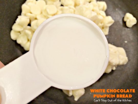 White Chocolate Pumpkin Bread | Can't Stay Out of the Kitchen | this delicious #pumpkin #bread is filled with white #chocolate chips & iced with white chocolate icing. It's perfect for #fall #baking, or #Thanksgiving or #Christmas #breakfast.