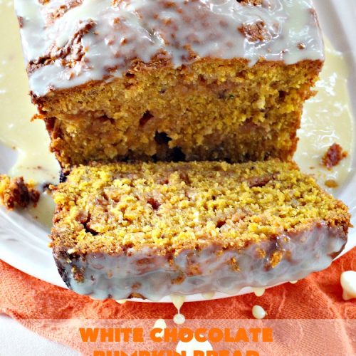 White Chocolate Pumpkin Bread | Can't Stay Out of the Kitchen | this delicious #pumpkin #bread is filled with white #chocolate chips & iced with white chocolate icing. It's perfect for #fall #baking, or #Thanksgiving or #Christmas #breakfast.