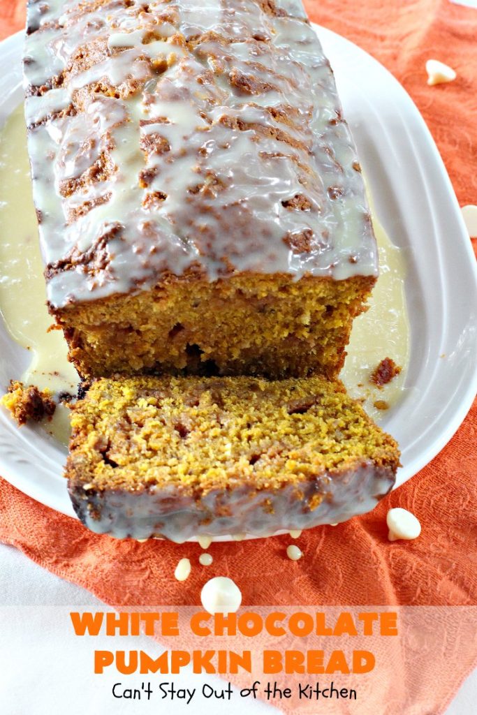 White Chocolate Pumpkin Bread | Can't Stay Out of the Kitchen | this delicious #pumpkin #bread is filled with white #chocolate chips & iced with white chocolate icing. It's perfect for #fall #baking, or #Thanksgiving or #Christmas #breakfast.