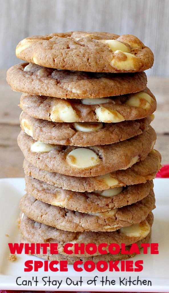 White Chocolate Spice Cookies | Can't Stay Out of the Kitchen | these amazing #cookies use only 4 ingredients! They start with a #SpiceCakeMix so they're so easy. Terrific for #tailgating parties, potlucks, backyard BBQs or anytime you need a quick #dessert. #chocolate #CakeMix #WhiteChocolateChips #WhiteChocolateSpiceCookies #ChristmasCookieExchange #WhiteChocolateDessert #SpiceCakeDessert