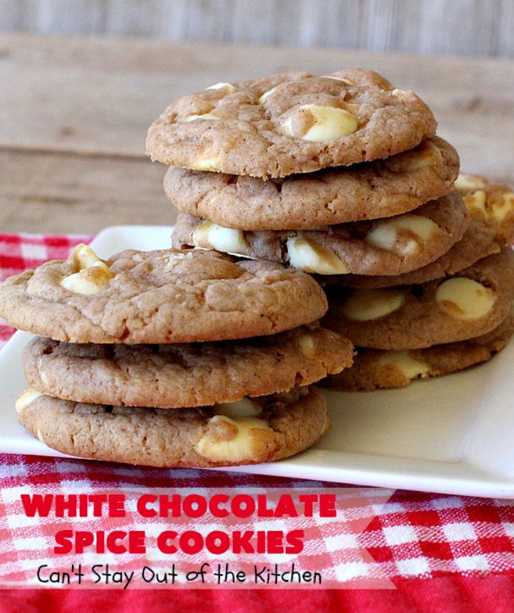 White Chocolate Spice Cookies | Can't Stay Out of the Kitchen | these amazing #cookies use only 4 ingredients! They start with a #SpiceCakeMix so they're so easy. Terrific for #tailgating parties, potlucks, backyard BBQs or anytime you need a quick #dessert. #chocolate #CakeMix #WhiteChocolateChips #WhiteChocolateSpiceCookies #ChristmasCookieExchange #WhiteChocolateDessert #SpiceCakeDessert