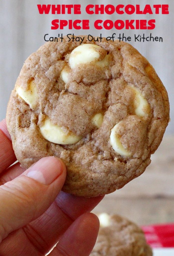 White Chocolate Spice Cookies | Can't Stay Out of the Kitchen | these amazing #cookies use only 4 ingredients! They start with a #SpiceCakeMix so they're so easy. Terrific for #tailgating parties, potlucks, backyard BBQs or anytime you need a quick #dessert. #chocolate #CakeMix #WhiteChocolateChips #WhiteChocolateSpiceCookies #ChristmasCookieExchange #WhiteChocolateDessert #SpiceCakeDessert