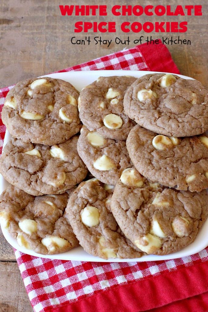 White Chocolate Spice Cookies | Can't Stay Out of the Kitchen | these amazing #cookies use only 4 ingredients! They start with a #SpiceCakeMix so they're so easy. Terrific for #tailgating parties, potlucks, backyard BBQs or anytime you need a quick #dessert. #chocolate #CakeMix #WhiteChocolateChips #WhiteChocolateSpiceCookies #ChristmasCookieExchange #WhiteChocolateDessert #SpiceCakeDessert