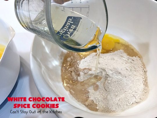 White Chocolate Spice Cookies | Can't Stay Out of the Kitchen | these amazing #cookies use only 4 ingredients! They start with a #SpiceCakeMix so they're so easy. Terrific for #tailgating parties, potlucks, backyard BBQs or anytime you need a quick #dessert. #chocolate #CakeMix #WhiteChocolateChips #WhiteChocolateSpiceCookies #ChristmasCookieExchange #WhiteChocolateDessert #SpiceCakeDessert