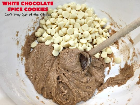 White Chocolate Spice Cookies | Can't Stay Out of the Kitchen | these amazing #cookies use only 4 ingredients! They start with a #SpiceCakeMix so they're so easy. Terrific for #tailgating parties, potlucks, backyard BBQs or anytime you need a quick #dessert. #chocolate #CakeMix #WhiteChocolateChips #WhiteChocolateSpiceCookies #ChristmasCookieExchange #WhiteChocolateDessert #SpiceCakeDessert