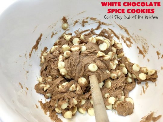 White Chocolate Spice Cookies | Can't Stay Out of the Kitchen | these amazing #cookies use only 4 ingredients! They start with a #SpiceCakeMix so they're so easy. Terrific for #tailgating parties, potlucks, backyard BBQs or anytime you need a quick #dessert. #chocolate #CakeMix #WhiteChocolateChips #WhiteChocolateSpiceCookies #ChristmasCookieExchange #WhiteChocolateDessert #SpiceCakeDessert