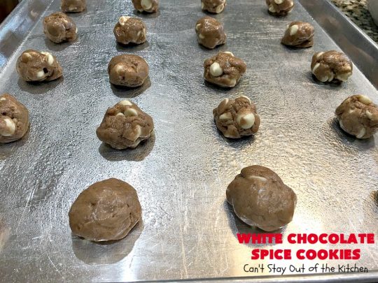 White Chocolate Spice Cookies | Can't Stay Out of the Kitchen | these amazing #cookies use only 4 ingredients! They start with a #SpiceCakeMix so they're so easy. Terrific for #tailgating parties, potlucks, backyard BBQs or anytime you need a quick #dessert. #chocolate #CakeMix #WhiteChocolateChips #WhiteChocolateSpiceCookies #ChristmasCookieExchange #WhiteChocolateDessert #SpiceCakeDessert