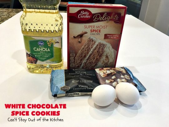 White Chocolate Spice Cookies | Can't Stay Out of the Kitchen | these amazing #cookies use only 4 ingredients! They start with a #SpiceCakeMix so they're so easy. Terrific for #tailgating parties, potlucks, backyard BBQs or anytime you need a quick #dessert. #chocolate #CakeMix #WhiteChocolateChips #WhiteChocolateSpiceCookies #ChristmasCookieExchange #WhiteChocolateDessert #SpiceCakeDessert