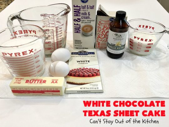 White Chocolate Texas Sheet Cake | Can't Stay Out of the Kitchen | spectacular #TexasSheetCake made with #Ghirardelli #WhiteChocolate instead! Terrific for potlucks, #tailgating parties or any kind of family get-together. #holiday #chocolate #HolidayDessert #ChocolateDessert #WhiteChocolateTexasSheetCake