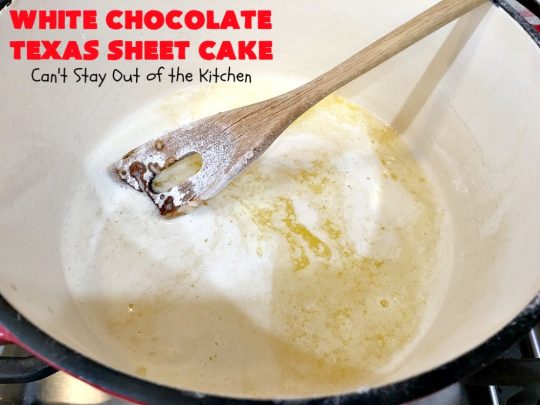 White Chocolate Texas Sheet Cake | Can't Stay Out of the Kitchen | spectacular #TexasSheetCake made with #Ghirardelli #WhiteChocolate instead! Terrific for potlucks, #tailgating parties or any kind of family get-together. #holiday #chocolate #HolidayDessert #ChocolateDessert #WhiteChocolateTexasSheetCake