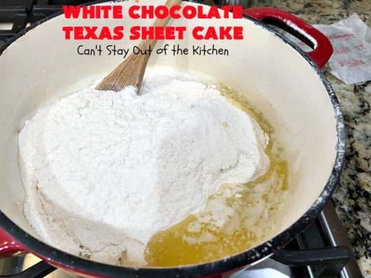 White Chocolate Texas Sheet Cake | Can't Stay Out of the Kitchen | spectacular #TexasSheetCake made with #Ghirardelli #WhiteChocolate instead! Terrific for potlucks, #tailgating parties or any kind of family get-together. #holiday #chocolate #HolidayDessert #ChocolateDessert #WhiteChocolateTexasSheetCake