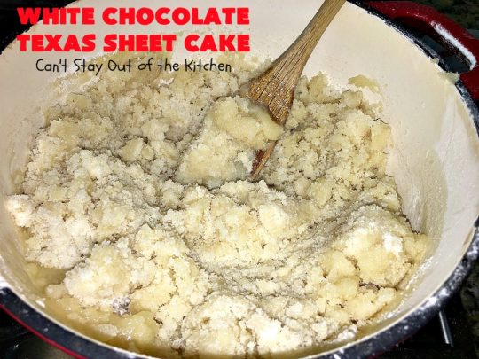 White Chocolate Texas Sheet Cake | Can't Stay Out of the Kitchen | spectacular #TexasSheetCake made with #Ghirardelli #WhiteChocolate instead! Terrific for potlucks, #tailgating parties or any kind of family get-together. #holiday #chocolate #HolidayDessert #ChocolateDessert #WhiteChocolateTexasSheetCake
