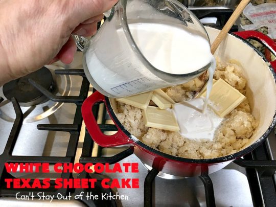 White Chocolate Texas Sheet Cake | Can't Stay Out of the Kitchen | spectacular #TexasSheetCake made with #Ghirardelli #WhiteChocolate instead! Terrific for potlucks, #tailgating parties or any kind of family get-together. #holiday #chocolate #HolidayDessert #ChocolateDessert #WhiteChocolateTexasSheetCake