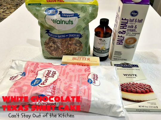 White Chocolate Texas Sheet Cake | Can't Stay Out of the Kitchen | spectacular #TexasSheetCake made with #Ghirardelli #WhiteChocolate instead! Terrific for potlucks, #tailgating parties or any kind of family get-together. #holiday #chocolate #HolidayDessert #ChocolateDessert #WhiteChocolateTexasSheetCake