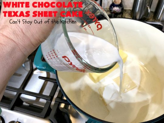 White Chocolate Texas Sheet Cake | Can't Stay Out of the Kitchen | spectacular #TexasSheetCake made with #Ghirardelli #WhiteChocolate instead! Terrific for potlucks, #tailgating parties or any kind of family get-together. #holiday #chocolate #HolidayDessert #ChocolateDessert #WhiteChocolateTexasSheetCake