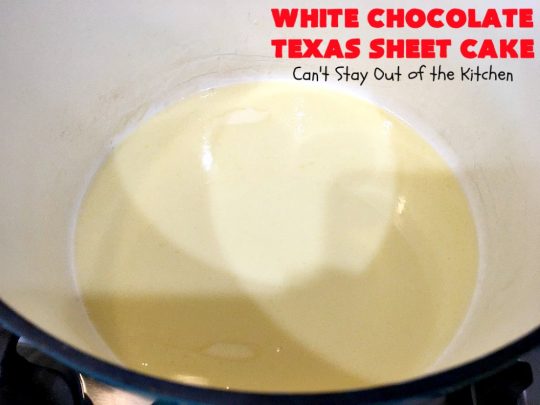 White Chocolate Texas Sheet Cake | Can't Stay Out of the Kitchen | spectacular #TexasSheetCake made with #Ghirardelli #WhiteChocolate instead! Terrific for potlucks, #tailgating parties or any kind of family get-together. #holiday #chocolate #HolidayDessert #ChocolateDessert #WhiteChocolateTexasSheetCake